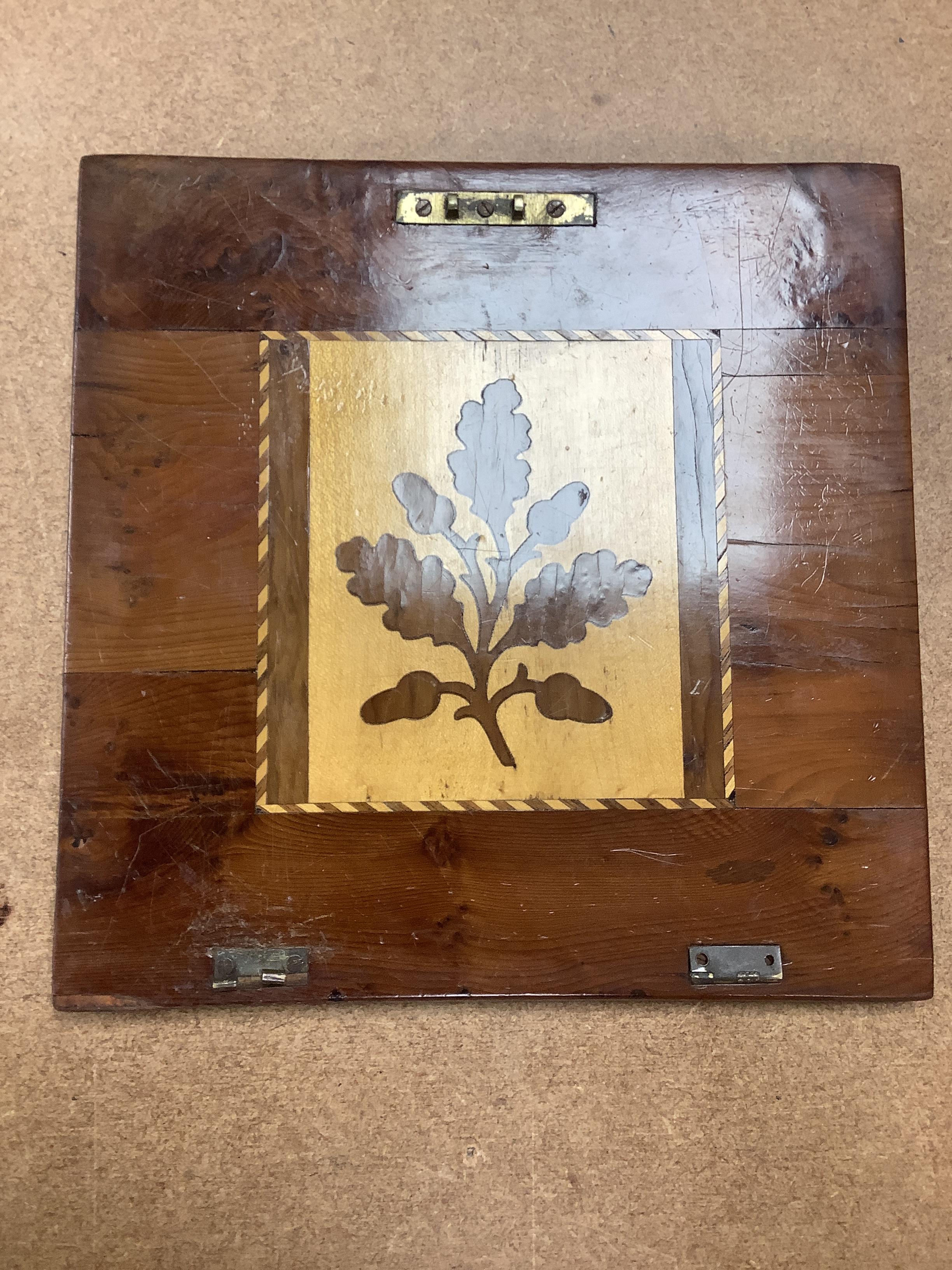 A 19th century Killarney Arbutus wood and marquetry inlaid box, decorated with Muckross Abbey, 21.5cm